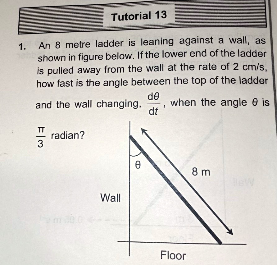 SOLVED: helpTutorial 13 An 8 metre ladder is leaning against a wall, as ...