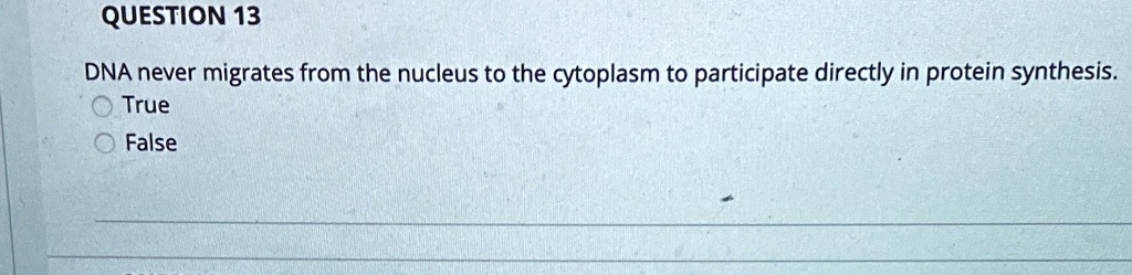 QUESTION 13
DNA never migrates from the nucleus to the cytoplasm to participate directly in protein synthesis.
True
False