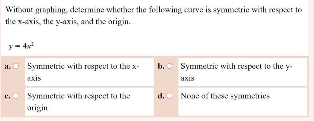 Without graphing, determine whether the following curve is symmetric with respect to the x-axis, the y-axis, and the origin.

y = 4x²

a. Symmetric with respect to the x-axis
b. Symmetric with respect to the y-axis
c. Symmetric with respect to the origin
d. None of these symmetries