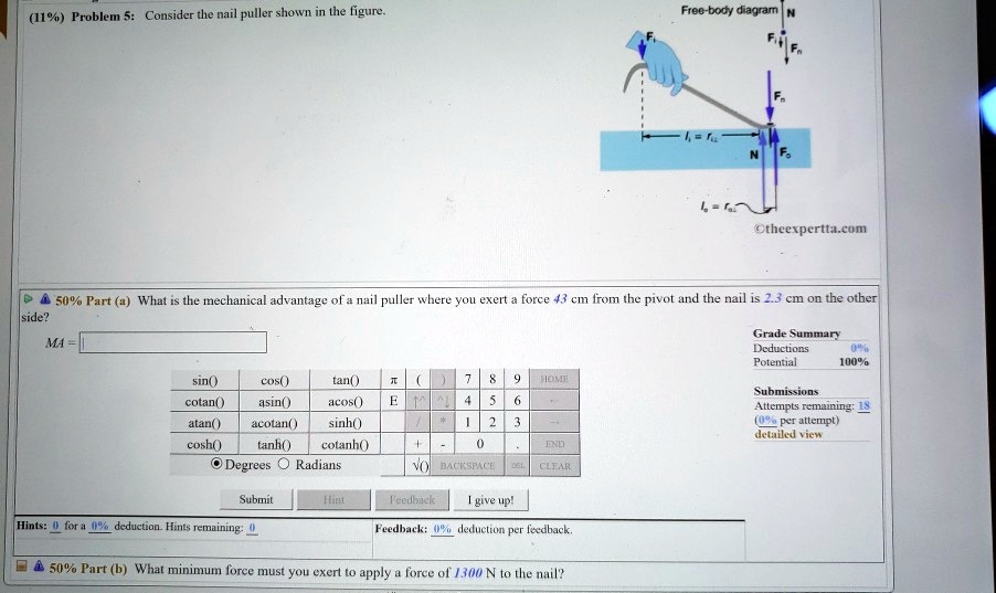 SOLVED (11) Problem 5 Consider the nail puller shown the tigure Freo