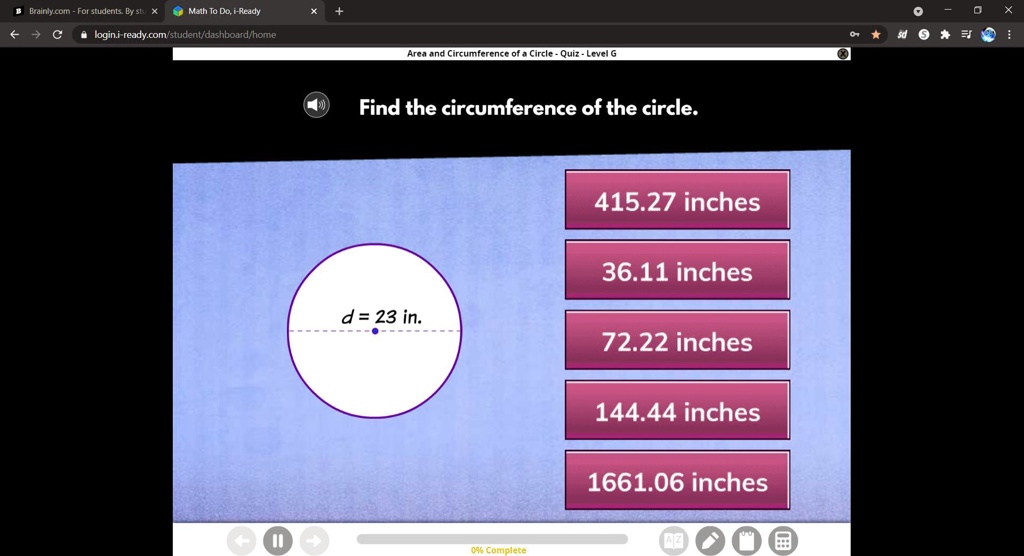 Find the circumference of the circle. d = 23 in. 415.27...