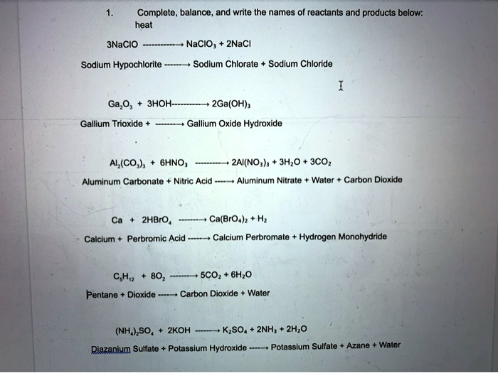 SOLVED Complete balance and write the names of reactants and products