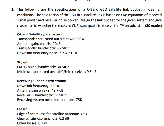 SOLVED The following are the specifications of a CBand GEO satellite
