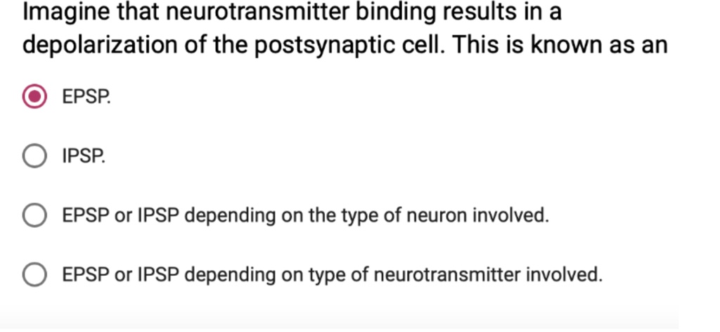Imagine that neurotransmitter binding results in a depolarization of the postsynaptic cell. This is known as an
EPSP.
IPSP.
EPSP or IPSP depending on the type of neuron involved.
EPSP or IPSP depending on type of neurotransmitter involved.