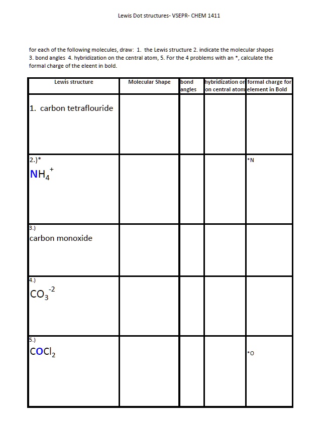 SOLVED:Lewis Dot structures- VSEPR- CHEM 1411 for each ofthe following ...