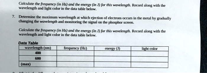 calculate the frequency in hz and the energy in j for this wavelength ...