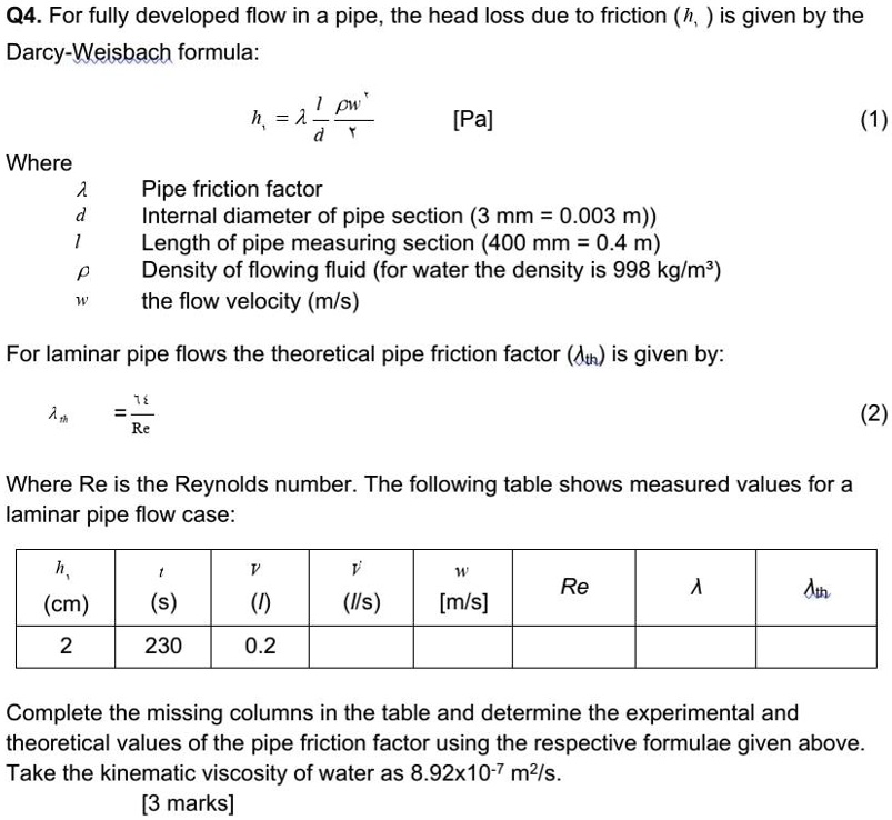 SOLVED Q4. For fully developed flow in a pipe, the head loss due to