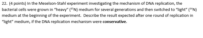 In the Meselson-Stahl experiment investigating the mechanism of DNA replication, the bacterial cells were grown in ?heavy? (15N) medium for several generations and then switched to ?light? (14N) medium at the beginning of the experiment. Describe the result expected after one round of replication in ?light? medium, if the DNA replication mechanism were conservative.