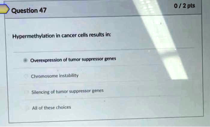 Question 47
Hypermethylation in cancer cells results in:
Overexpression of tumor suppressor genes
Chromosome instability
Silencing of tumor suppressor genes
All of these choices
0/2 pts