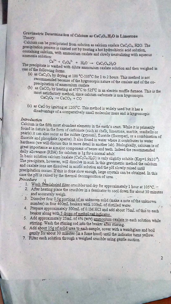 SOLVED Gravimetric Determination of Calcium as CaCO3 in Limestone Theory Calcium can be