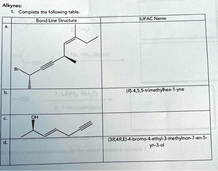 Solved:alkynes: Complete The Following Table  Bond-line Structure Iupac 