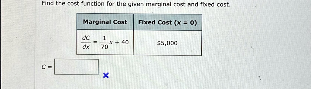 SOLVED: Find the cost function for the given marginal cost and fixed ...
