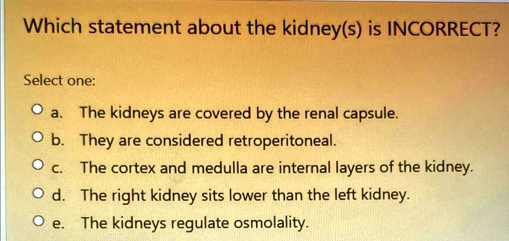 SOLVED: Which statement about the kidney(s) is INCORRECT? Select one: a ...