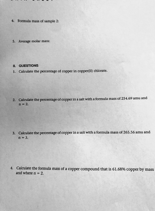 SOLVED Formula mass of sample Average molar mass QUESTIONS Calculate