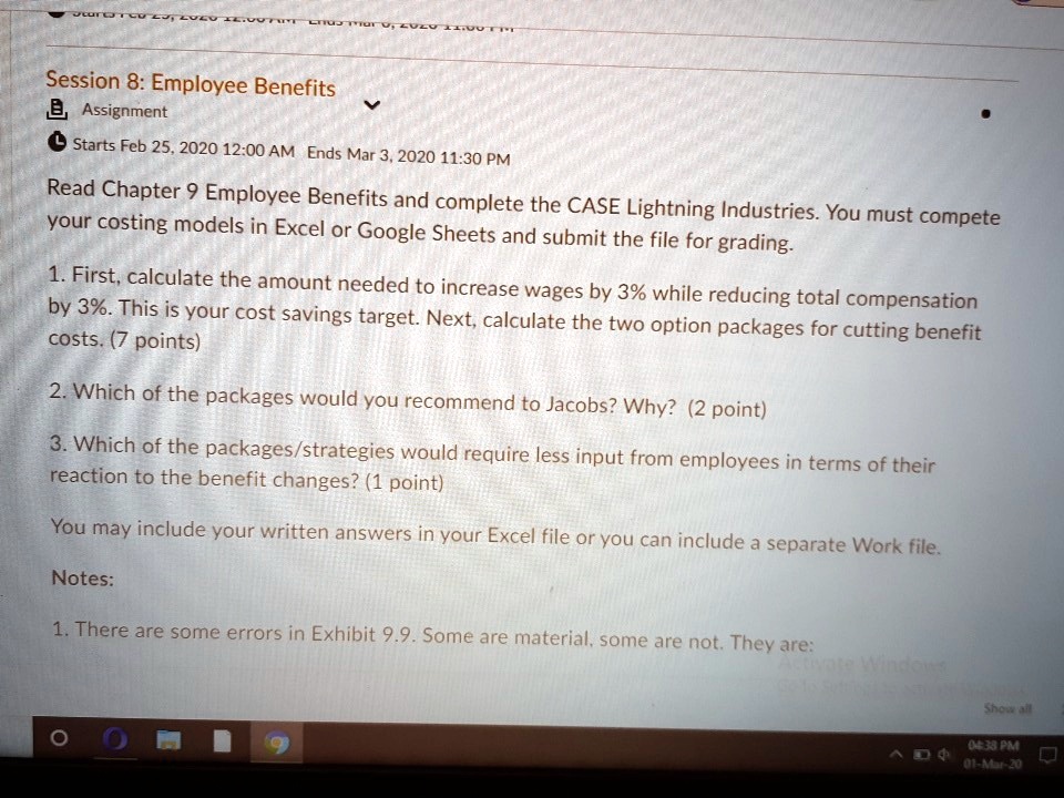 SOLVED: Session 8: Employee Benefits B Assignment Starts Feb    AM Ends Mar 3, 2020  PM Read Chapter ? Employee Benefits and complete  the CASE Lightning Industries: You your costing