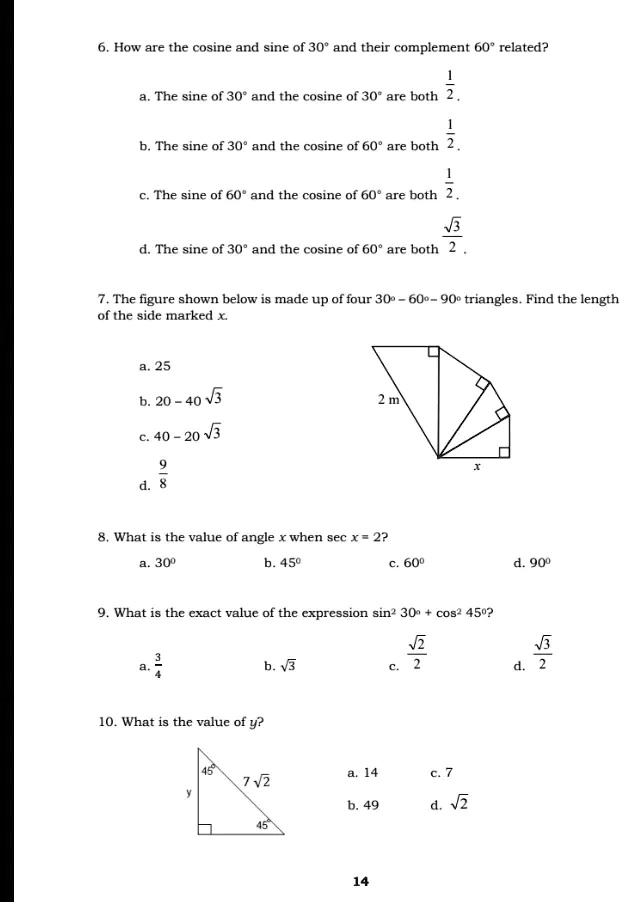 Solved How Are The Cosine And Sine Of 30 And Their Complement 60 Related 2 The Sine Of 30 8378