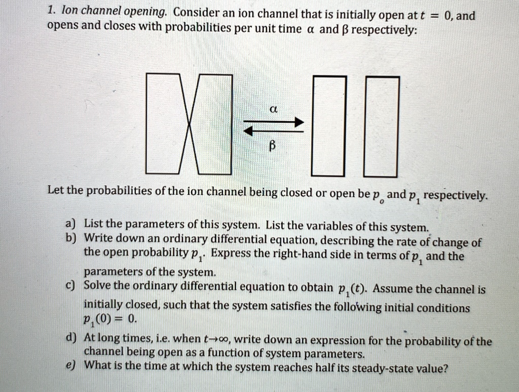 1 lon channel opening consider an ion channel that is initially open at t 0 and opens and closes with probabilities per unit time alpha and beta respectively let the probabilities of the ion 56544