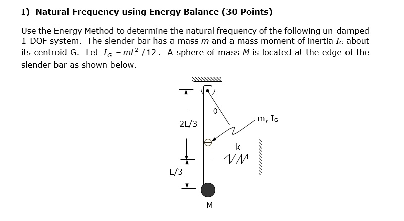 i natural frequency using energy balance 30 points use the energy method to determine the natural frequency of the following un damped 1 dof system the slender bar has a mass m and a mass mo 83254