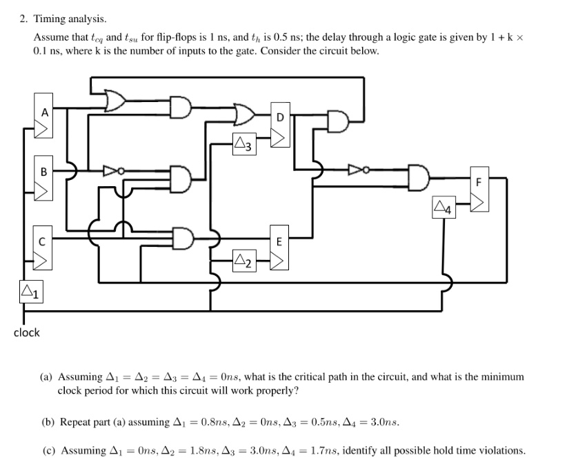 2 timing analysis assume that teq and tsu for flip flops is 1 ns and th is 05 ns the delay through a logic gate is given by 1 k o1 ns where k is the number of inputs to the gate consider the 38835