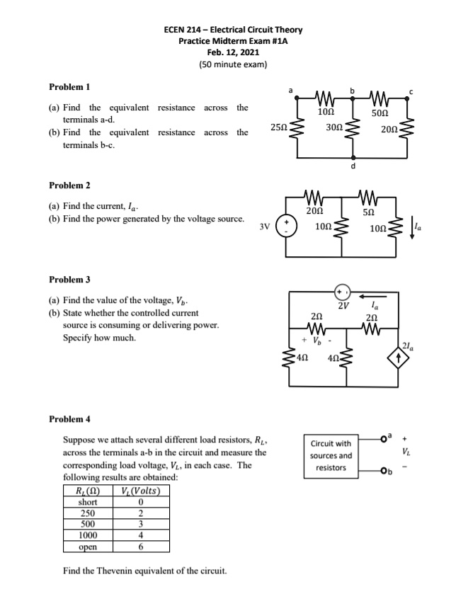 SOLVED: ECEN 214 - Electrical Circuit Theory Practice Midterm Exam #1A ...