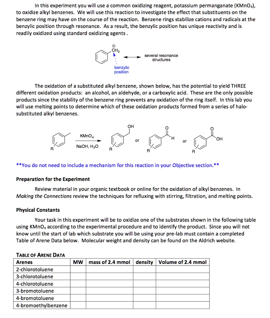 In this experiment, you will use a common oxidizing reagent, potassium