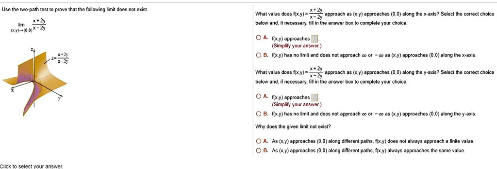 Use the two-path test to prove that the following limit does not exist.
lim (x,y)->(0,0) (x+2y)/(x-2y)
z = (x+2y)/(x-2y)
What value does f(x,y) = (x+2y)/(x-2y) approach as (x,y) approaches (0,0) along the x-axis? Select the correct choice below and, if necessary, fill in the answer box to complete your choice.
A. f(x,y) approaches 
(Simplify your answer.)
B. f(x,y) has no limit and does not approach infinity or -infinity as (x,y) approaches (0,0) along the x-axis.
What value does f(x,y) = (x+2y)/(x-2y) approach as (x,y) approaches (0,0) along the y-axis? Select the correct choice below and, if necessary, fill in the answer box to complete your choice.
A. f(x,y) approaches 
(Simplify your answer.)
B. f(x,y) has no limit and does not approach infinity or -infinity as (x,y) approaches (0,0) along the y-axis.
Why does the given limit not exist?
A. As (x,y) approaches (0,0) along different paths, f(x,y) does not always approach a finite value.
B. As (x,y) approaches (0,0) along different paths, f(x,y) always approaches the same value.