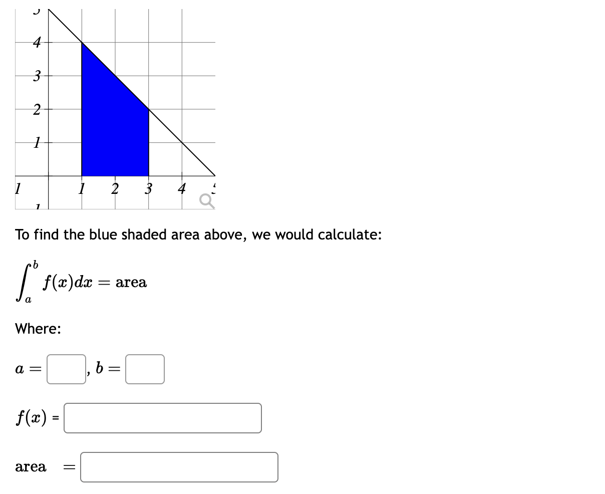 To find the blue shaded area above, we would calculate:


    inta^b f(x) d x=	ext  area


Where:

a = square, b = square

f(x) = square

ext  area  = square