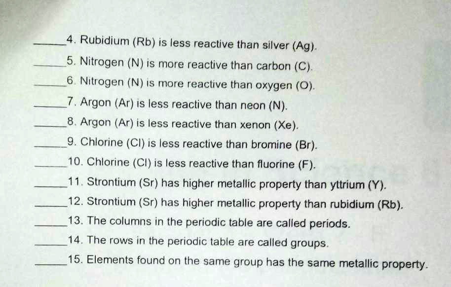 Less Reactive Groups Pasagot po 4-15A. FALSE. TRUE. Rubidium (Rb) is less reactive than ...