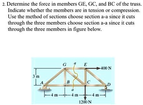 Determine the force in members GE, GC, and BC of the truss. Indicate whether the members are in tension or compression. Use the method of sections choose section a-a since it cuts through the three members choose section a-a since it cuts through the three members in figure below.