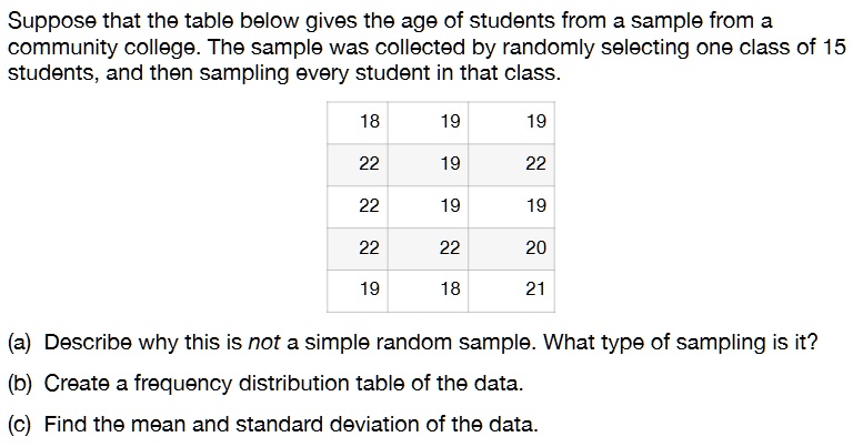 SOLVED: Suppose that the table below gives the age of students from a ...