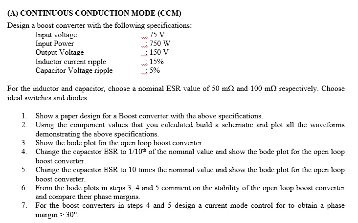 SOLVED: (A CONTINUOUS CONDUCTION MODE (CCM) Design a boost converter ...