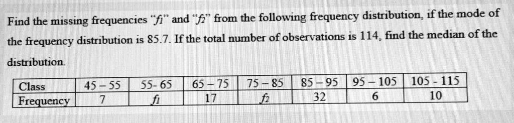 Find the missing frequencies "f1" and "f2" from the following frequency distribution, if the mode of the frequency distribution is 85.7. If the total number of observations is 114, find the median of the distribution.

Class: 45-55 | 55-65 | 65-75 | 75-85 | 85-95 | 95-105 | 105-115
Frequency: 7 | f1 | 17 | f2 | 32 | 6 | 10