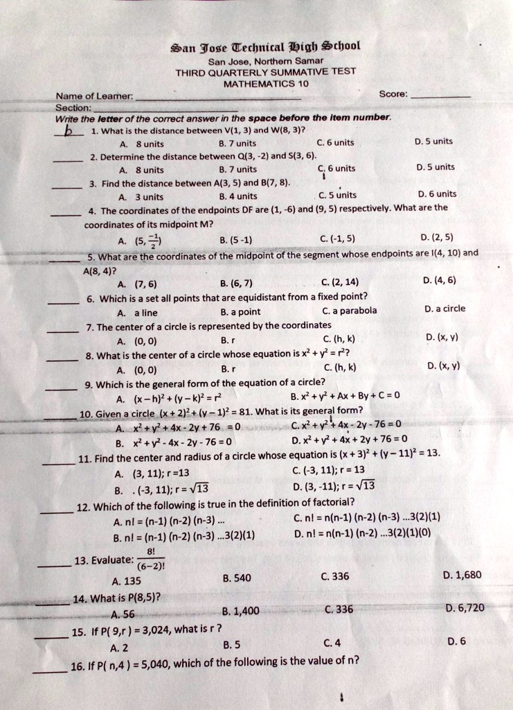 Solved Math Summative Test Grade 10 San Jose Technical High School San Jose Northern Samar