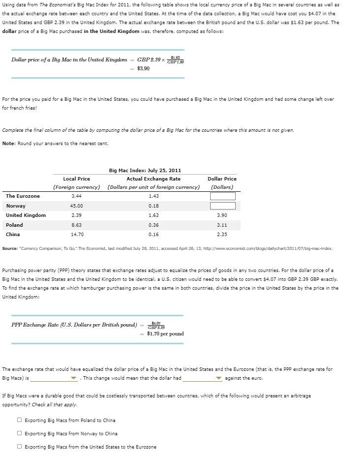 SOLVED: Using data from The Economist's Big Mac Index for 2011, the