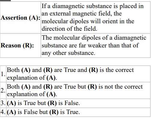
Assertion (A):      
If a diamagnetic substance is placed in 

an external magnetic field, the 

molecular dipoles will orient in the 

direction of the field.
 

Reason (R):      
The molecular dipoles of a diamagnetic 

substance are far weaker than that of 

any other substance.
 


1.

Both (A) and (R) are True and (R) is the correct explanation of (𝐀).
2. Both (A) and (R) are True but (R) is not the correct explanation of (𝐀).
3. (A) is True but (R) is False.
4. (A) is False but (R) is True.