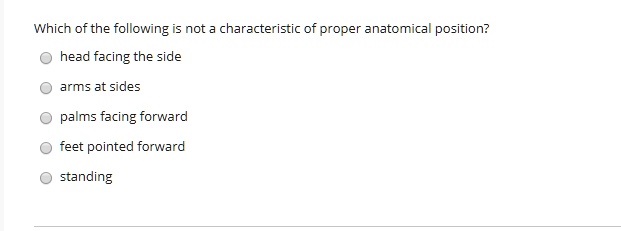 Which of the following is not a characteristic of proper anatomical position?
head facing the side
arms at sides
palms facing forward
feet pointed forward
standing