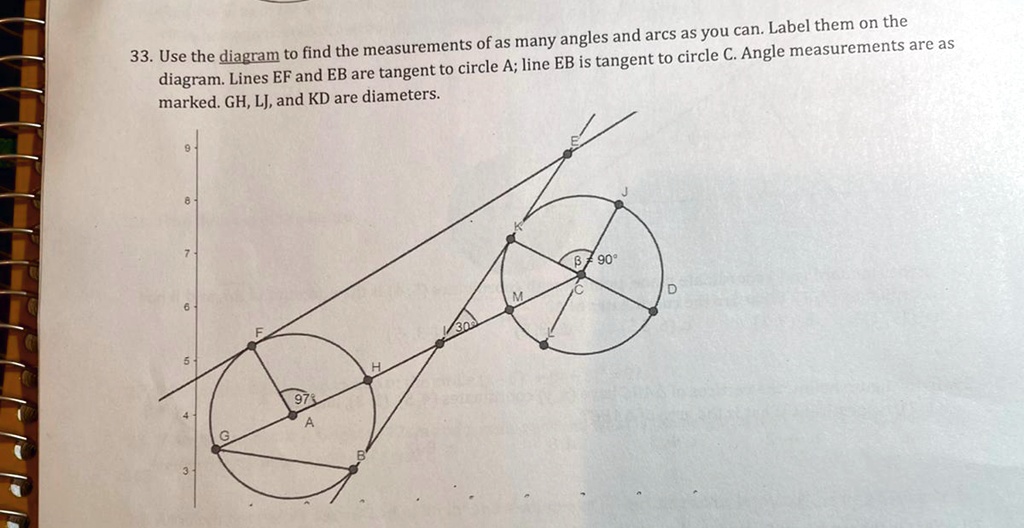 33. Use the diagram to find the measurements of as many angles and arcs ...