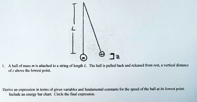 SOLVED: A ball of mass is attached to a string of length L. The ball is  pulled back and released from rest at a vertical distance of z above the  lowest point.