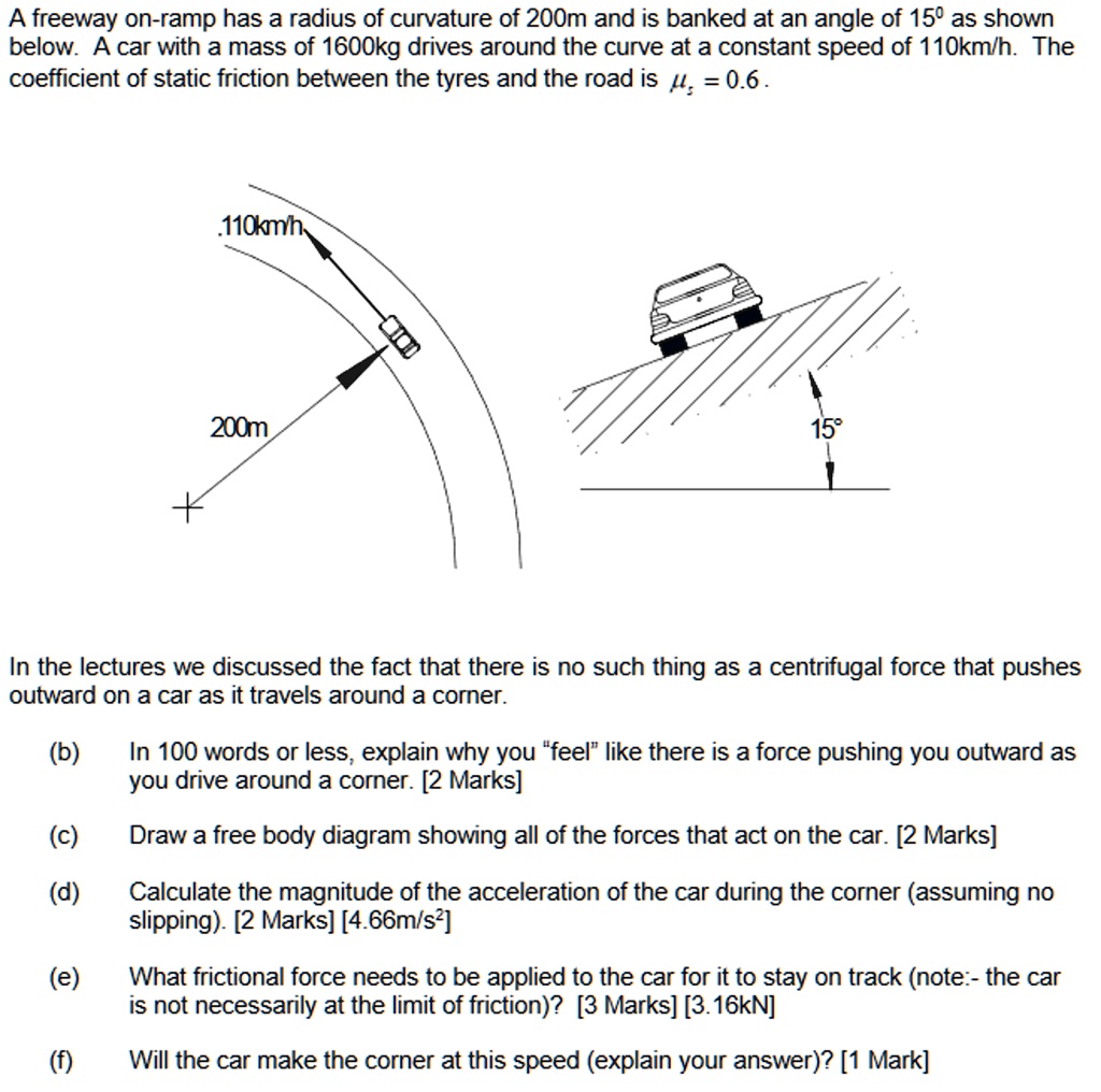 SOLVED A freeway onramp has a radius of curvature of 200m and is banked at an angle of 15Â° as