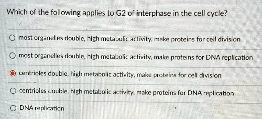 which of the following applies to g2 of interphase in the cell cycle most organelles double high metabolic activity make proteins for cell division most organelles double high metabolic acti 51808