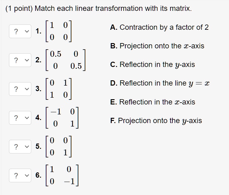 Solved Point Match Each Linear Transformation With Its Matrix A Contraction By A Factor Of 2 1 0 B Projection Onto The X Axis 0 5 2 0 5 C Reflection In The Y Axis D Reflection