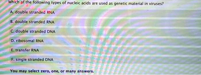 Which of the following types of nucleic acids are used as genetic material in viruses?
A. double stranded RNA
B. double stranded RNA
C. double stranded DNA
D. ribosomal RNA
E. transfer RNA
F. single stranded DNA
You may select zero, one, or many answers.