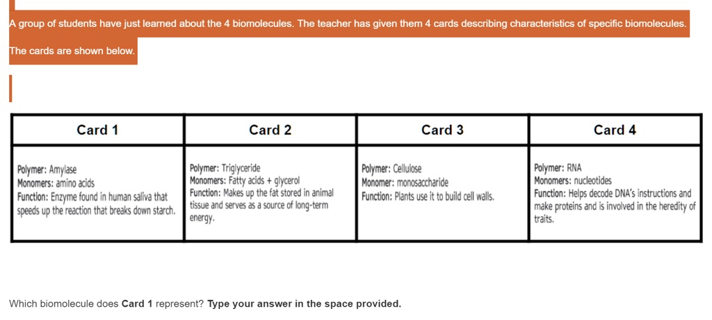 SOLVED: A group of students have just learned about the 4 biomolecules ...