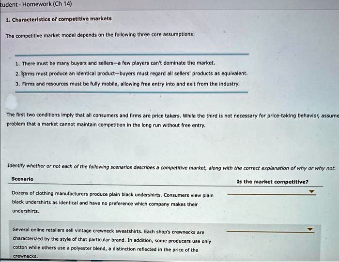 1. Characteristics of competitive markets

The competitive market model depends on the following three core assumptions:

1. There must be many buyers and sellers—a few players can't dominate the market.
2. Firms must produce an identical product—buyers must regard all sellers' products as equivalent.
3. Firms and resources must be fully mobile, allowing free entry into and exit from the industry.

The first two conditions imply that all consumers and firms are price takers. While the third is not necessary for price-taking behavior, assume for this problem that a market cannot maintain competition in the long run without free entry.

Identify whether or not each of the following scenarios describes a competitive market, along with the correct explanation of why or why not.

Scenario
Is the market competitive?

Dozens of clothing manufacturers produce plain black undershirts. Consumers view plain black undershirts as identical and have no preference which company makes their undershirts.

Several online retailers sell vintage crewneck sweatshirts. Each shop's crewnecks are characterized by the style of that particular brand. In addition, some producers use only cotton while others use a polyester blend, a distinction reflected in the price of the crewnecks.