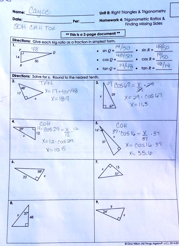 SOLVED Text Name Coyce Date SoH AH Toa Unit 8 Right Triangles 