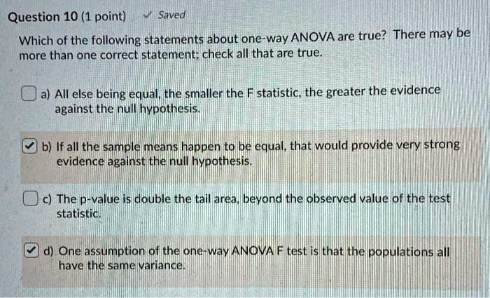 SOLVED: Which of the following statements about one-way ANOVA are