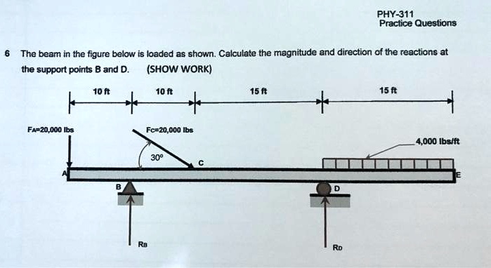 PHY-311
Practice Questions
6 The beam in the figure below is loaded as shown. Calculate the magnitude and direction of the reactions at
the support points B and D. (SHOW WORK)
FA=20,000 lbs
10 ft
B
RB
10 ft
15 ft
*
FC=20,000 lbs
30°
C
*
D
RD
15 ft
4,000 lbs/ft
E