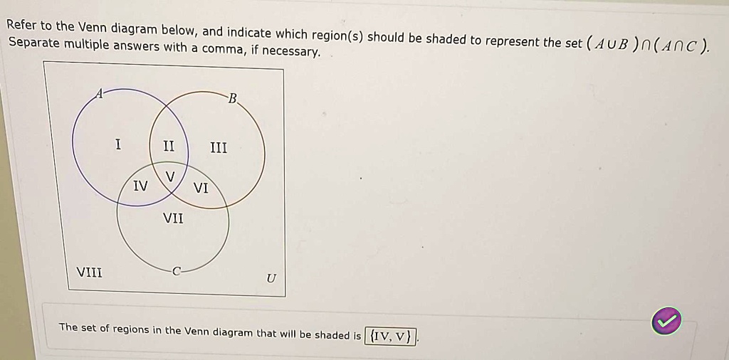 Refer to the Venn diagram below, and indicate which region(s) should be shaded to represent the set (A U B) ? (A ? C). Separate multiple answers with a comma, if necessary.
A B
I II III
IV V VI
VII
VIII
C U
The set of regions in the Venn diagram that will be shaded is IV, V.