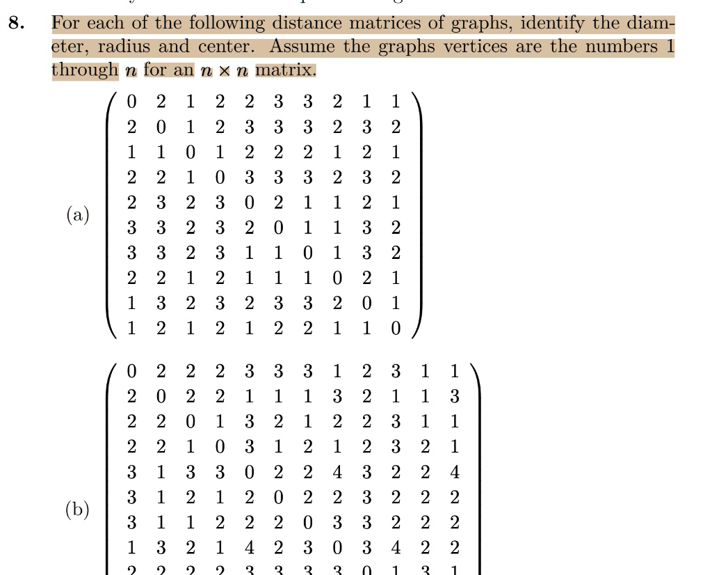 SOLVED:For each of the following distance matrices of graphs, identify ...