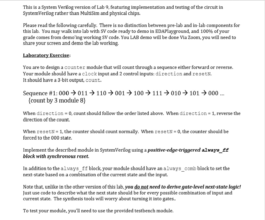 SOLVED: This is a SystemVerilog version of Lab 9, featuring ...